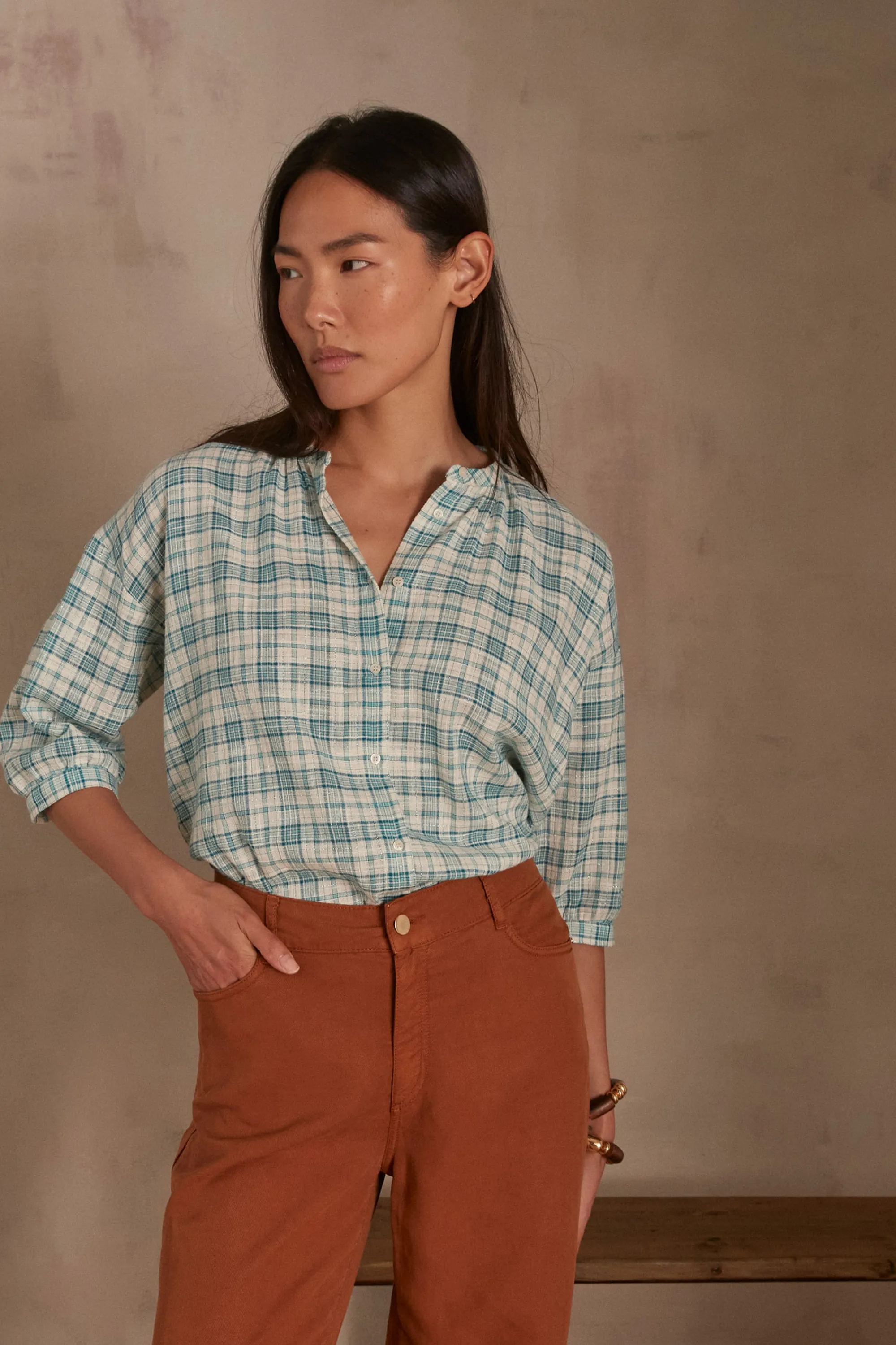 Maison 123 Blouses Et Chemises Imprimées | Blouses Et Chemises En Coton>Blouse à carreaux BELLE TURQUOISE