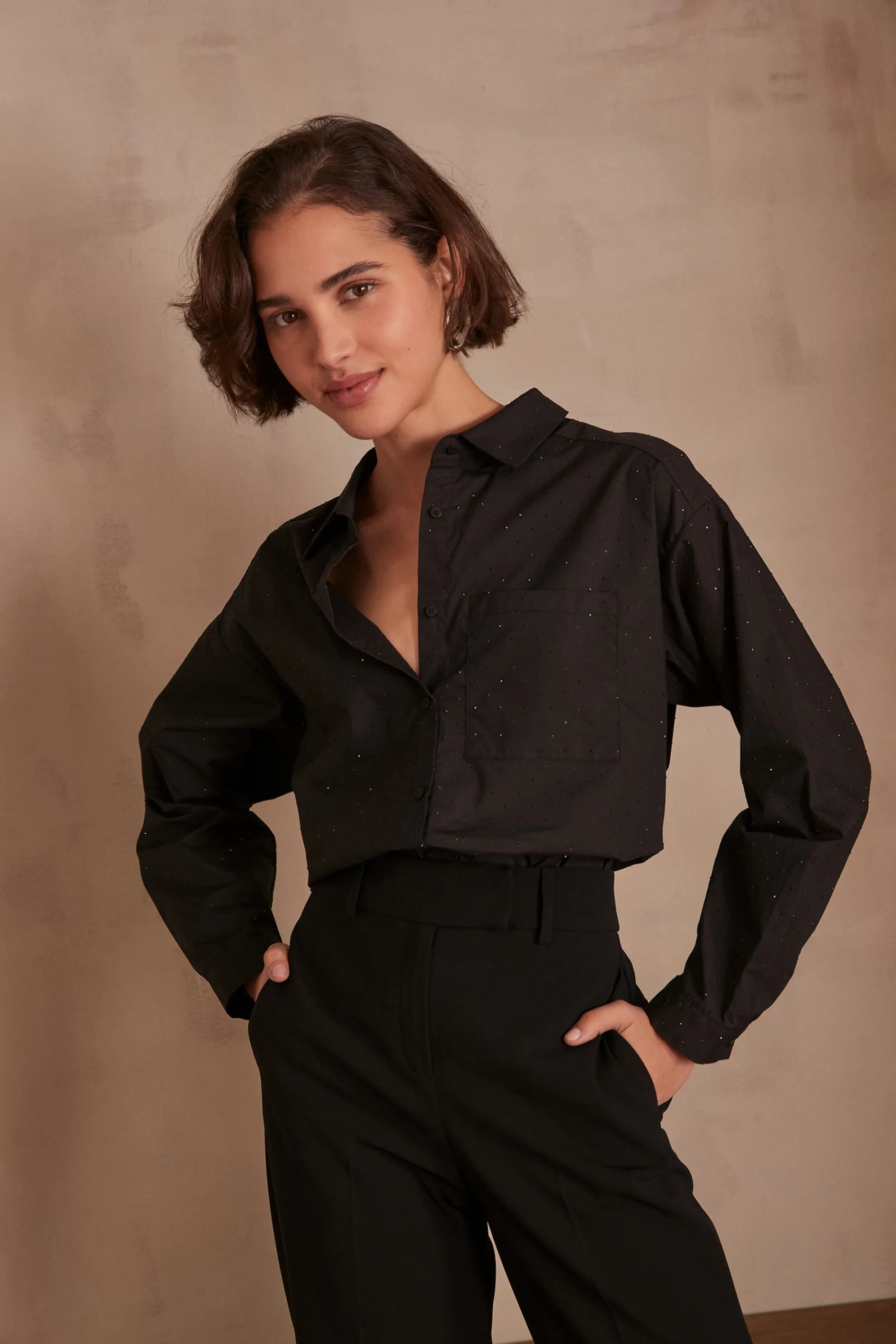 Maison 123 Blouses Et Chemises En Coton | Blouses Et Chemises Noires>Chemise PEPITE STRASS NOIR