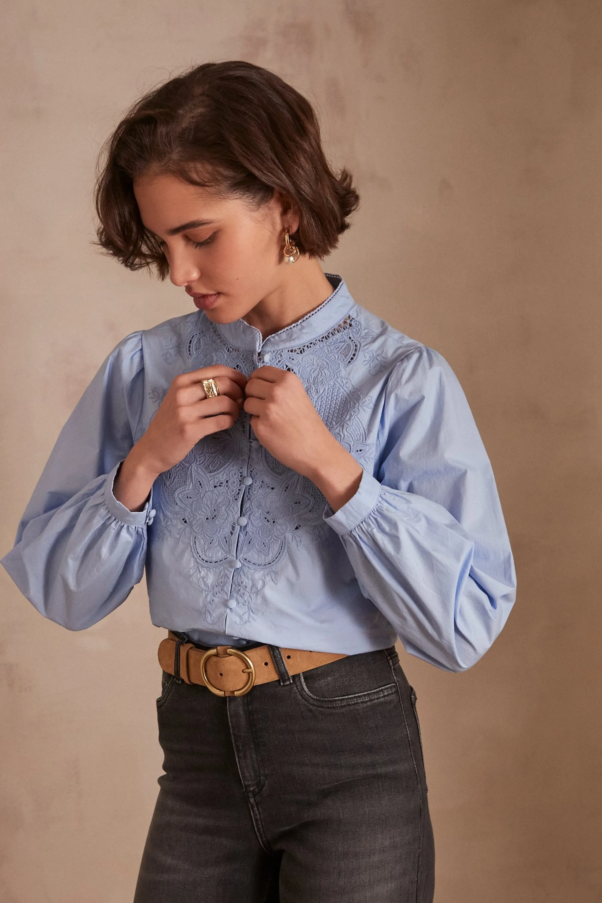 Maison 123 Blouses Et Chemises En Coton | Blouses Et Chemises Brodées>Chemisier PALOMA BLEU CIEL