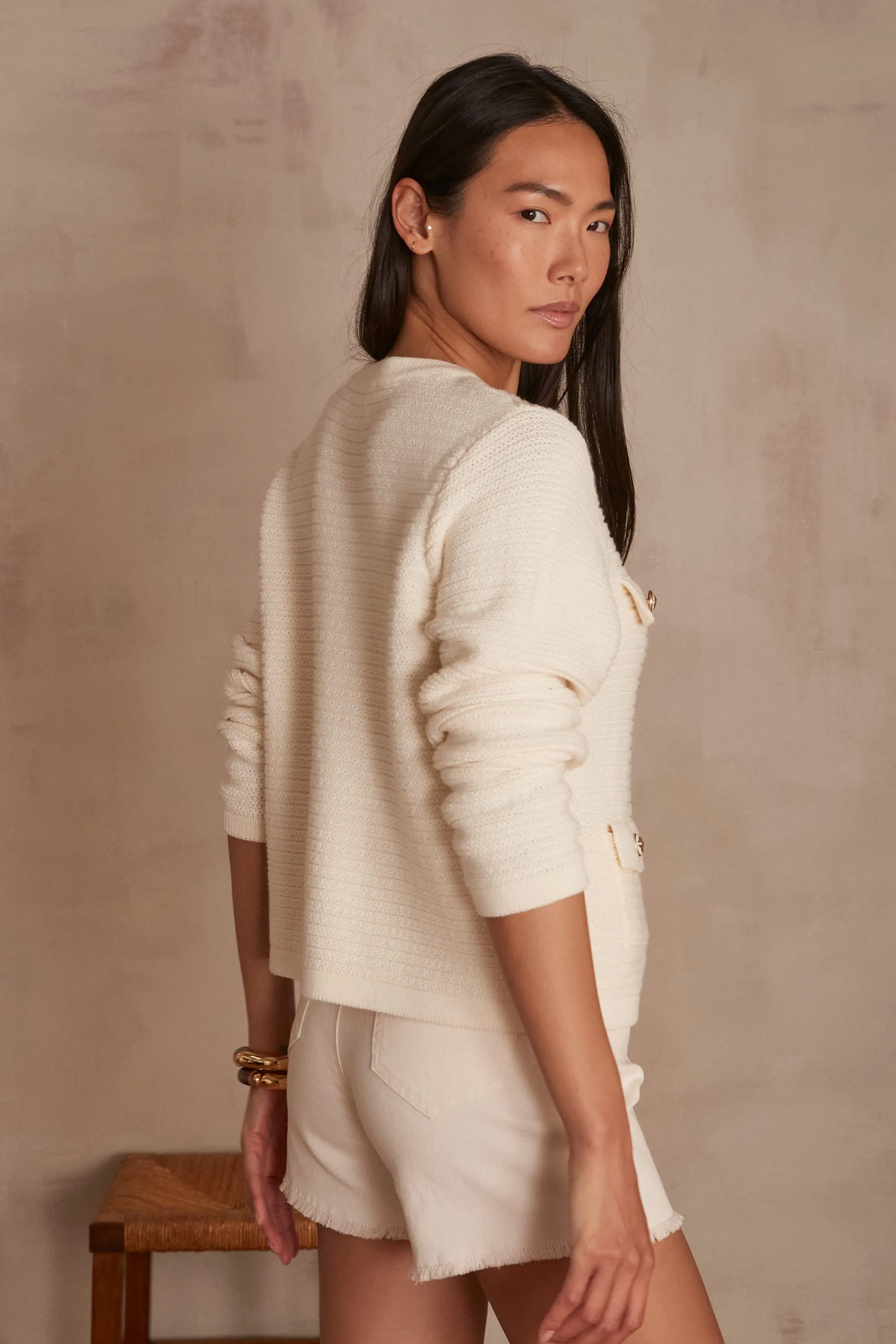 Maison 123 Gilets Courts>Gilet LILY Produit labellisé We Care mettant en avant l'utilisation de matières plus responsables et la valorisation de la production locale CREME