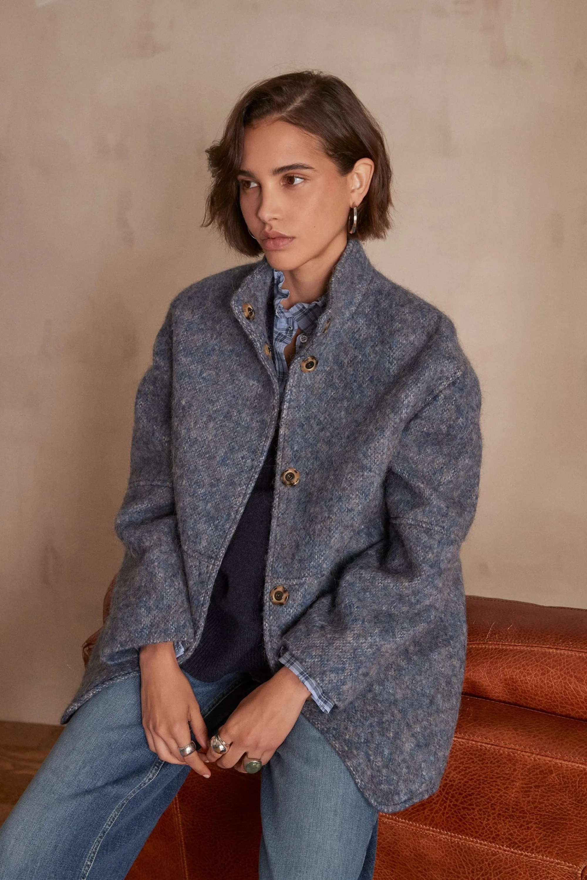 Maison 123 Manteaux Courts | Manteaux En Laine>Manteau en laine LAMIA BLEU CHAMBRAY